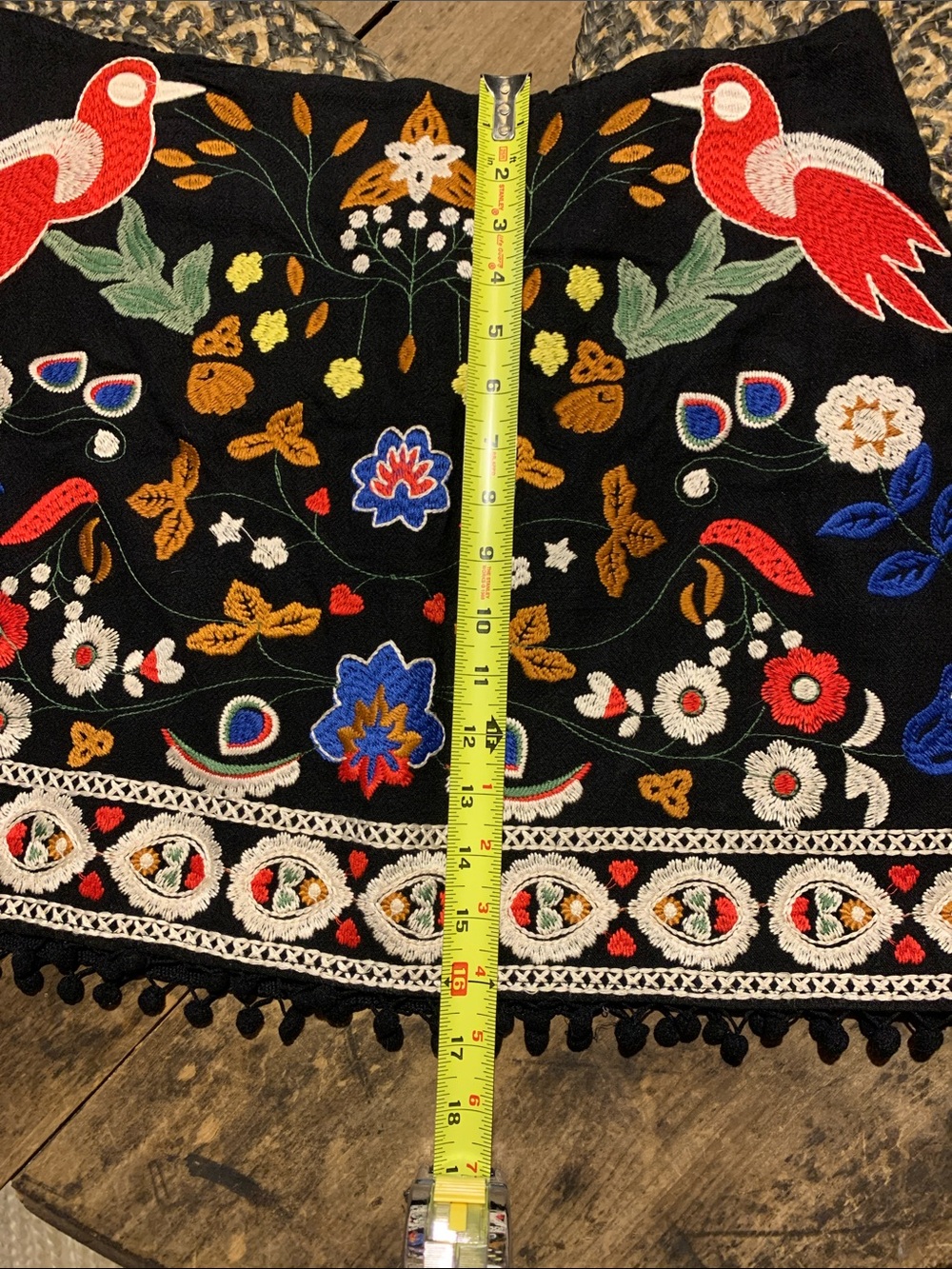 Umgee Pom Pom Black Mini Skirt with Colorful Embroidered Birds and Florals - Picture 11 of 12